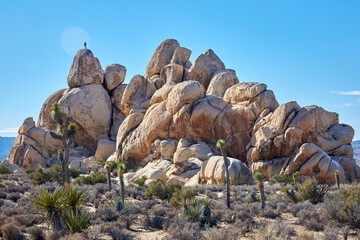 Wonderful and unique mountain of boulders with Joshua trees in the foreground and a small climber on the mt top