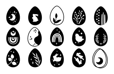 Easter Eggs kids clipart set, boho Easter eggs with ornament, black and white silhouettes, cute isolated elements on white, cartoon vector illustration