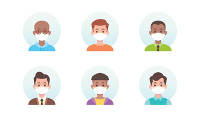 Coronavirus covid 19 prevention people male character avatar wearing white medical face mask new normal global pandemic situation flat vector illustration