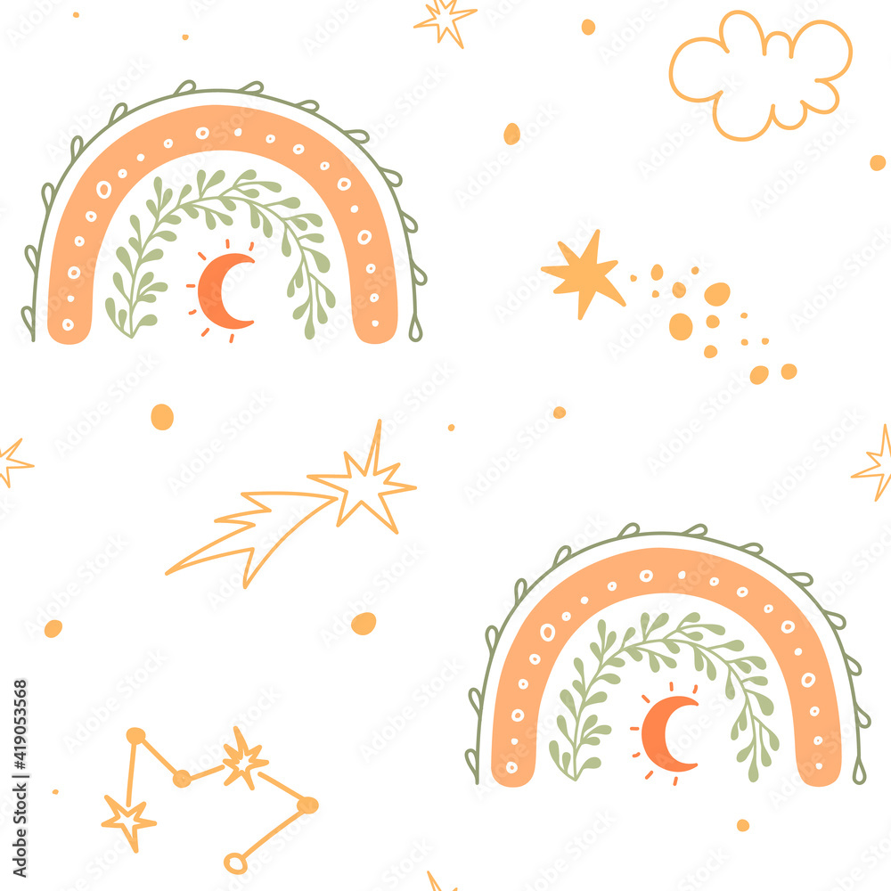 Wall mural rainbow seamless pattern with moom and sters. abstract boho wallpaper. kids pattern for nursery. cut