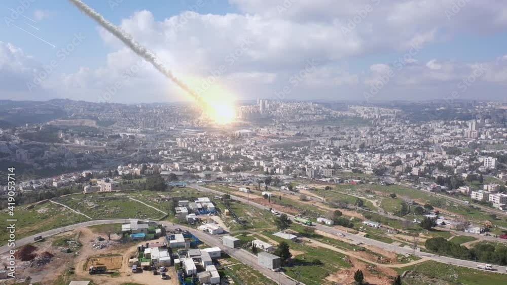 Canvas Prints asteroid meteor impact over large city, jerusalem, aerial ,drone view of meteor attack with explosio