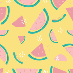 Abstract and doodle seamless pattern with fresh watermelon on yellow background. Watermelons pattern vector good for wrapping paper, home decor, packaging, T-shirt, textile fabric print, poster, banne