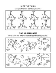Activity sheet for kids with two puzzles. Coloring page.
