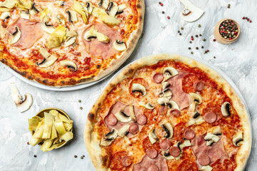 Traditional Italian pizza, vegetables, ingredients. Pizza is cooking in the oven. Pizza menu on a light background, top view