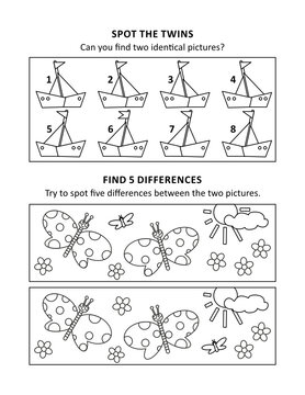 Activity sheet for kids with two puzzles. Coloring page.