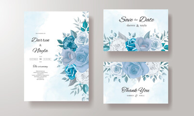 Fototapeta na wymiar Modern wedding invitation card with blue flowers 