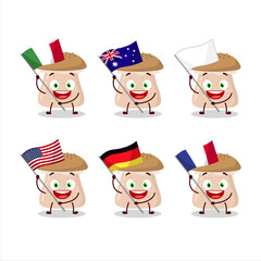 Honey fungus cartoon character bring the flags of various countries