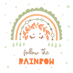 Kids poster with rainbow, drops and quote follow the rainbow. Cute pastel baby print for nursery. Vector card design. Spring childish postcard in scandinavian style.