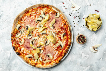 fresh baked tasty italian capriciosa pizza. banner, menu recipe place for text, top view