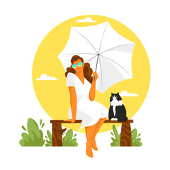 a girl under an umbrella sits on a bench. vector image of a woman with a cat