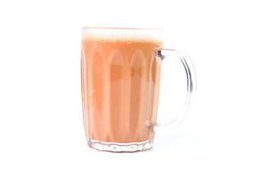 Tea with milk in a mug isolated on a white background. Side view.