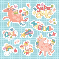 Set magic cute stickers. Funny cartoon unicorns. Lettering: super cute, magical, cool. Rainbow and stars. Sweet pastries and candy. Isolated vector objects. Blue checkered background. 