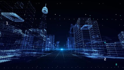 A holographic 3d loop of a sci-fi virtual city with many crystalline buildings loop background. innovative and futuristic. Virtual City Aerial on Cybernetic Space with Ultra HD Infographics - Powered by Adobe