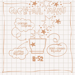 B-52. Cocktail menu. Alcoholic cold drinks. Recipe. Lettering, arrows, dialog clouds. Stars and dots, blots. Gray checkered background. Isolated vector objects. Cartoon glass. 