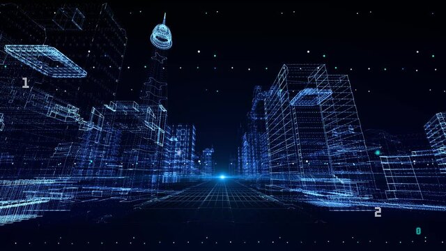 A holographic 3d loop of a sci-fi virtual city with many crystalline buildings loop background. innovative and futuristic. Virtual City Aerial on Cybernetic Space with Ultra HD Infographics