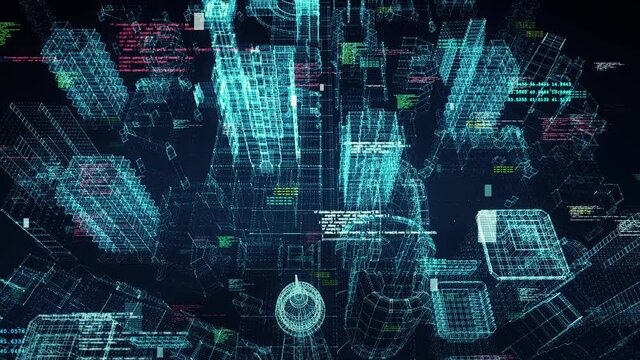 Digital high-tech style background loop animation with squares,numbers, and lines. Abstract Hologram Buildings in Cyberspace. Futuristic Technology Urban Development. Business and Technology Concept.