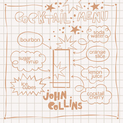John Collins cocktail. Cocktail menu. Alcoholic cold drinks. Recipe. Lettering, arrows, dialog clouds. Stars and dots, blots. Gray checkered background. Isolated vector objects. Cartoon glass. 
