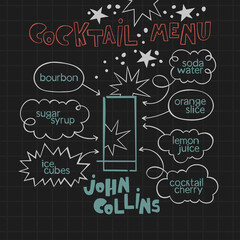 John Collins cocktail. Cocktail menu. Alcoholic cold drinks. Recipe. Lettering, arrows, dialog clouds. Stars and dots, blots. Gray checkered background. Isolated vector objects. Cartoon glass. 