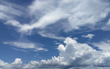 Beautiful cirrus clouds and Vibrant color panoramic sky with clouds on a sunny day. Panorama high resolution photograph.