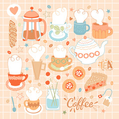 Hot drinks set. Coffee pot, coffee cup. Teapot, tea mug. Delicious pastries: cookies, pie slice, bread. Lettering: tea and coffee. Flowers in vase. Isolated vector objects. Checkered background. 