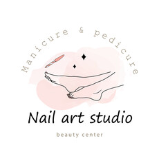 Vector logo template for nail art studio. Modern design for manicure and pedicure salon beauty and spa center. Linear illustration isolated on pink watercolor background.