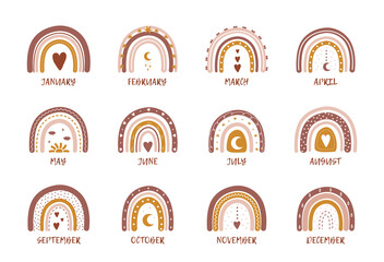 Rainbows in boho style with months. Scandinavian design for wallpaper and home decor. Contemporary backgrounds for childbirth, birthday, to-do list, planner and calendar. Modern vector illustration. © KeronnArt