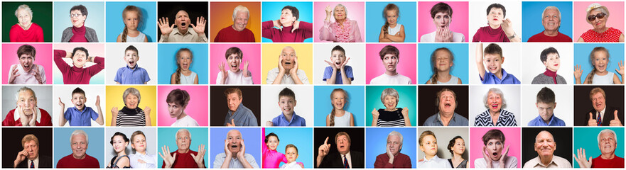 Fototapeta na wymiar Diverse people with different emotions. Collage of diverse multi-ethnic and mixed age range people expressing different emotions