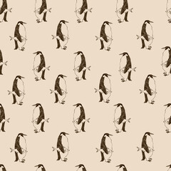 ペンギンと魚。シームレスなパターン。テキスタイル、壁紙、包装紙のデザイン。
