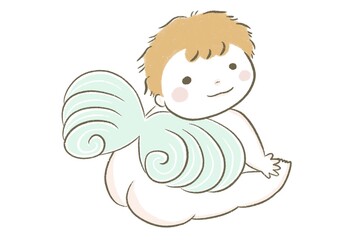 お座りして微笑むかわいい羽根の生えた天使の赤ちゃん