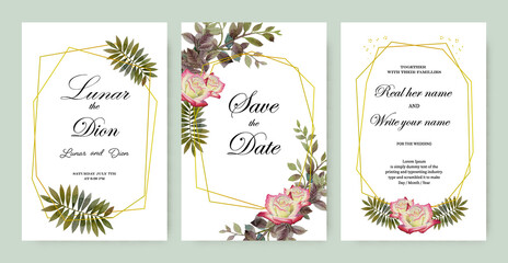 Wedding invitation vintage frame set roses, leaves, watercolor on white.