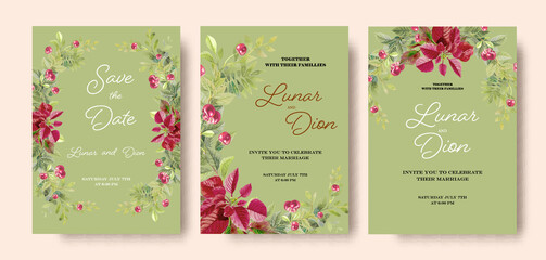 Wedding set  invitation card vintage cherry bouquet on green background.