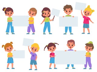 Kids holding banners. Funny children with clean advertising posters collection, boys and girls meeting, placards for text templates. Pupils with sheets, empty frame cartoon vector set
