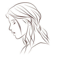 目を閉じてうつむく女性の横顔の線画イラスト