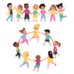 Kids holding hands. Happy multicultural cute preschool children lead round dance together, girls and boys form chain and ring, little friends clasped hands. Vector cartoon flat set