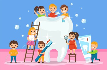 Obraz na płótnie Canvas Big tooth and kids. Oral cavity hygiene, orthodontic education poster, children group around big white tooth, cleaning items toothpaste and toothbrush. Child stomatology vector concept