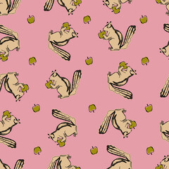 リスとサクランボ。シームレスなパターン。テキスタイル、壁紙、包装紙のデザイン。