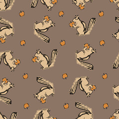 リスとサクランボ。シームレスなパターン。テキスタイル、壁紙、包装紙のデザイン。