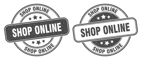 shop online stamp. shop online label. round grunge sign