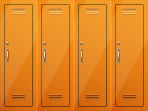 Gym lockers in orange color with handles and key lock. Orange Metal locker cabinets for gym and locker rooms in college. Vector Illustration isolated on white background.