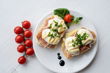 prosciutto dry hure ham with egg mayo dressing open bread sandwich with salad vegetables finger party food 