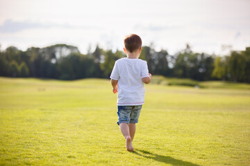 Little boy runs on the grass. Back side. Summer activity in a park
