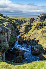 Deep canyon of Skogarfoss river at the Fimmvoerduhals hiking trail, Iceland