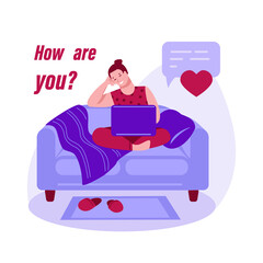 Girl on the couch with a laptop. Writes a message to a friend. How are you Vector concept of communication on the Internet. Illustration in flat cartoon style.