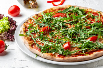 Margherita pizza baking in the oven in traditional restaurant. banner, menu recipe place for text, top view