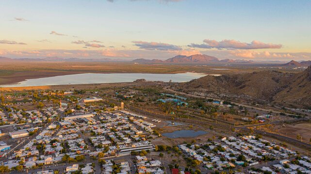 View of the Abelardo L. Rodriguez dam, cerro de la cementera and La Sauceda recreational park that is in deterioration due to abandonment on December 11, 2020 in Hermosillo, Mexico.