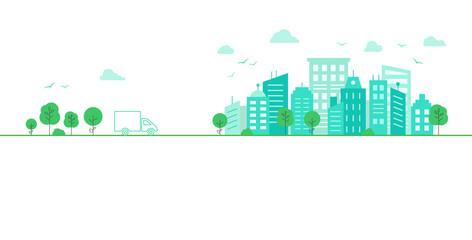 Light background with urban landscape. Car goes on the road to the city. Panorama architecture buildings. Urban life Vector illustration in flat style.