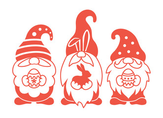 Easter gnomes holding bunny and eggs. Cute three dwarf with beards and hats. Vector silhouette illustration with characters for Easter. Scandinavian gnomes in cartoon style. Holiday greeting card.