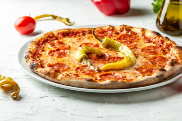 pizza pepperoni. Tasty italian pizza made from an authentic recipe. Pizza menu on a light background, top view