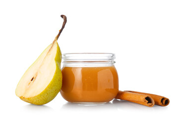 Jar of tasty pear jam on white background