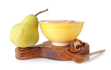 Bowl of tasty pear jam on white background